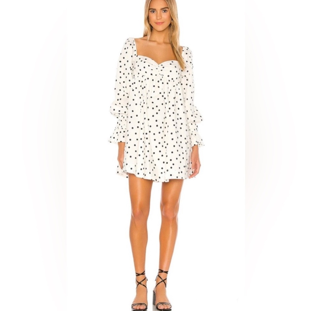 LPA White/Black Polka Dot Tie Back Baby Doll Dress sweetheart poet sleeve.
